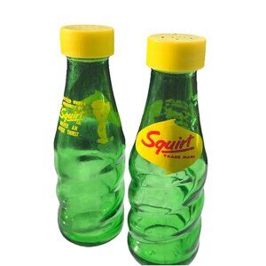 Vtg Green Glass Squirt Soda Advertising Bottles Salt Pepper Shakers 70s Picnic 2